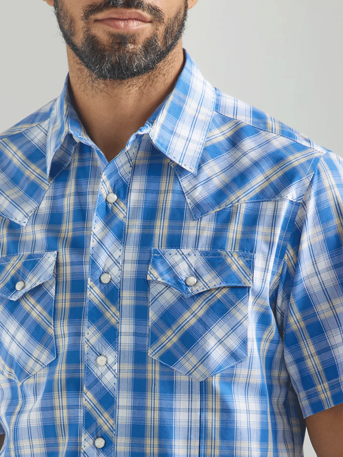 Wrangler 112324653 Mens Snap Short Sleeve Plaid Shirt Blue front view. If you need any assistance with this item or the purchase of this item please call us at five six one seven four eight eight eight zero one Monday through Saturday 10:00a.m EST to 8:00 p.m EST