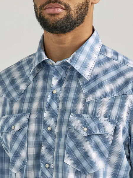 Wrangler 112337982 Mens Long Sleeve Fashion Western Snap Plaid Shirt Baby Blue Plaid front close up. If you need any assistance with this item or the purchase of this item please call us at five six one seven four eight eight eight zero one Monday through Saturday 10:00a.m EST to 8:00 p.m EST