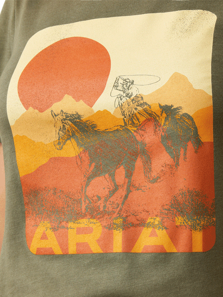 Ariat 10045466 Womens Mustang Fever Short Sleeve Tee Military Heather design close up. If you need any assistance with this item or the purchase of this item please call us at five six one seven four eight eight eight zero one Monday through Saturday 10:00a.m EST to 8:00 p.m EST