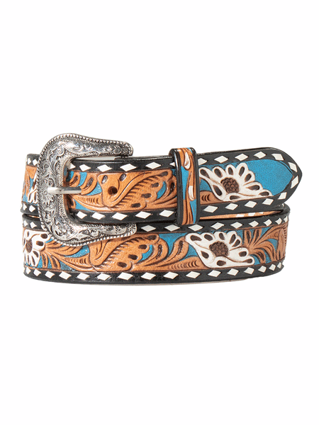 Nocona N320000888 Womens Hand Tooled Painted Floral Inlay Belt Black And Blue front and back view. If you need any assistance with this item or the purchase of this item please call us at five six one seven four eight eight eight zero one Monday through Saturday 10:00a.m EST to 8:00 p.m EST