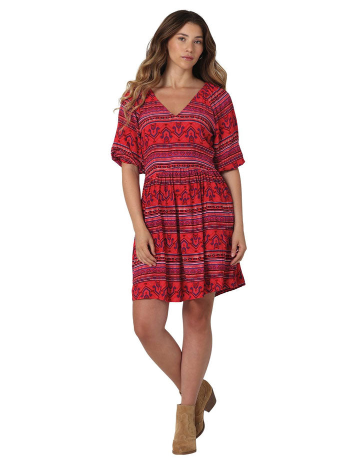 Wrangler 112336453 Womens Retro Americana Dress Red front view. If you need any assistance with this item or the purchase of this item please call us at five six one seven four eight eight eight zero one Monday through Saturday 10:00a.m EST to 8:00 p.m EST