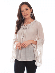Scully HC692-TAN Womens Raglan Crochet Blouse Tan front view. If you need any assistance with this item or the purchase of this item please call us at five six one seven four eight eight eight zero one Monday through Saturday 10:00a.m EST to 8:00 p.m EST
