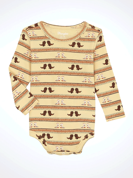 Wrangler 112359642 Infants Western Print Bodysuit Tan Boots front view. If you need any assistance with this item or the purchase of this item please call us at five six one seven four eight eight eight zero one Monday through Saturday 10:00a.m EST to 8:00 p.m EST