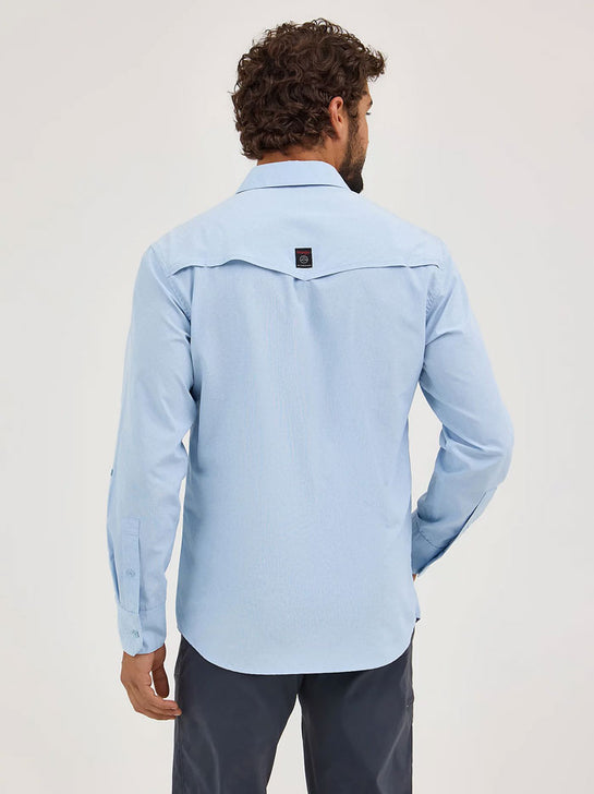 Wrangler 112360550 Mens ATG Drover Utility Shirt Cerulean Light Blue back view. If you need any assistance with this item or the purchase of this item please call us at five six one seven four eight eight eight zero one Monday through Saturday 10:00a.m EST to 8:00 p.m EST