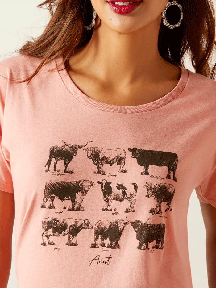 Ariat 10047641 Womens Cow Chart T-Shirt Sunset Heather front view. If you need any assistance with this item or the purchase of this item please call us at five six one seven four eight eight eight zero one Monday through Saturday 10:00a.m EST to 8:00 p.m EST