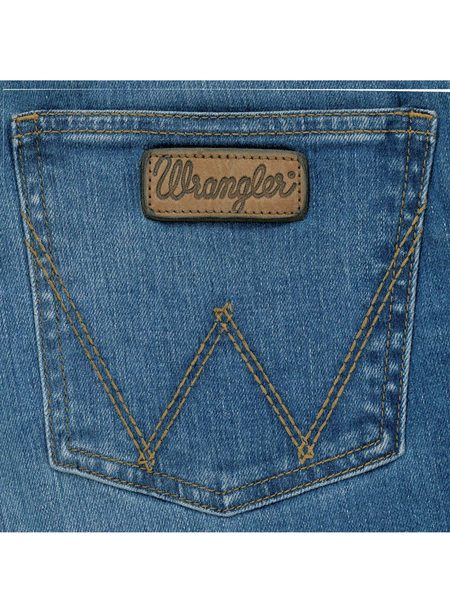 Wrangler 112352987 Womens Willow Mid Rise Bootcut Jean Sophia back pocket close up view. If you need any assistance with this item or the purchase of this item please call us at five six one seven four eight eight eight zero one Monday through Saturday 10:00a.m EST to 8:00 p.m EST