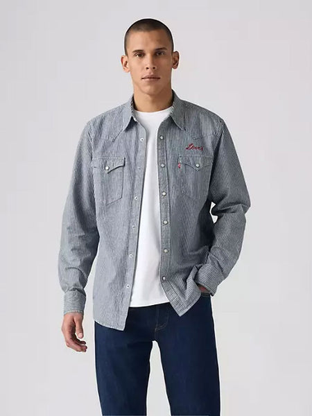 Levis 857450236 Mens Classic Standard Fit Western Shirt Roadtrip Stripes - Medium Wash front view. If you need any assistance with this item or the purchase of this item please call us at five six one seven four eight eight eight zero one Monday through Saturday 10:00a.m EST to 8:00 p.m EST