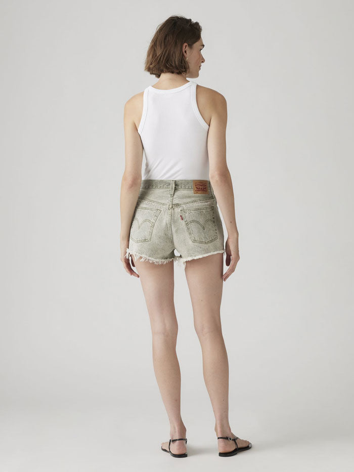 Levi's 563270468 Womens 501 Original Shorts Cloudy Cypress Olive Green front view. If you need any assistance with this item or the purchase of this item please call us at five six one seven four eight eight eight zero one Monday through Saturday 10:00a.m EST to 8:00 p.m EST