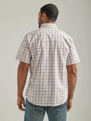 Wrangler 112326365 Mens Wrinkle Resist Short Sleeve Western Snap Plaid Shirt Dune Brown back view. If you need any assistance with this item or the purchase of this item please call us at five six one seven four eight eight eight zero one Monday through Saturday 10:00a.m EST to 8:00 p.m EST