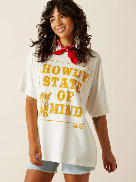 Ariat 10058772 Womens Howdy State T-Shirt Vanilla Ice Cream front view. If you need any assistance with this item or the purchase of this item please call us at five six one seven four eight eight eight zero one Monday through Saturday 10:00a.m EST to 8:00 p.m EST