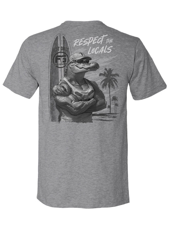 FloGrown FGM-1807 Mens Short Sleeve Respect Locals Gator Tee Grey back view. If you need any assistance with this item or the purchase of this item please call us at five six one seven four eight eight eight zero one Monday through Saturday 10:00a.m EST to 8:00 p.m EST