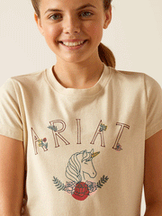 Ariat 10048556 Kids Unicorn Insignia T-Shirt Oatmeal Heather close up of front graphic. If you need any assistance with this item or the purchase of this item please call us at five six one seven four eight eight eight zero one Monday through Saturday 10:00a.m EST to 8:00 p.m EST