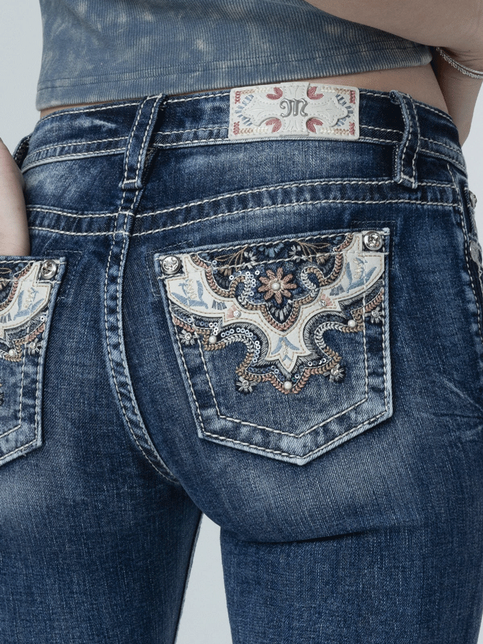 Miss Me M9262SB Womens Spring Bloom Slim Bootcut Jeans Dark Wash full back view. If you need any assistance with this item or the purchase of this item please call us at five six one seven four eight eight eight zero one Monday through Saturday 10:00a.m EST to 8:00 p.m EST