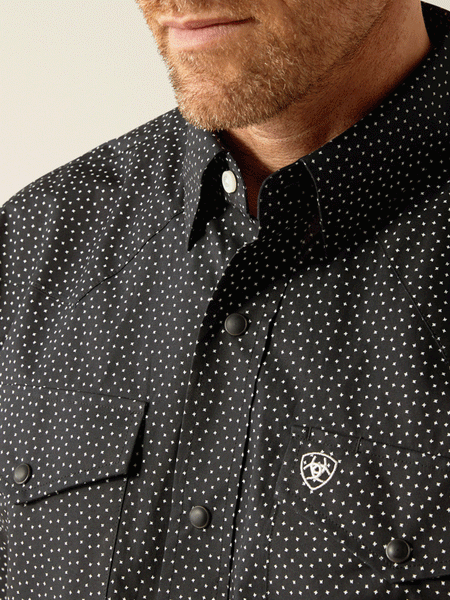 Ariat 10054076 Mens Carmine Classic Fit Shirt Black front close up. If you need any assistance with this item or the purchase of this item please call us at five six one seven four eight eight eight zero one Monday through Saturday 10:00a.m EST to 8:00 p.m EST