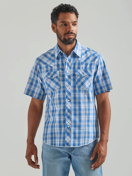 Wrangler 112324653 Mens Snap Short Sleeve Plaid Shirt Blue front view. If you need any assistance with this item or the purchase of this item please call us at five six one seven four eight eight eight zero one Monday through Saturday 10:00a.m EST to 8:00 p.m EST