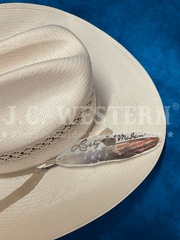 Larry Mahan MSUS42OLDX 10X OLD GLORY Straw Hat Ivory feather close up. If you need any assistance with this item or the purchase of this item please call us at five six one seven four eight eight eight zero one Monday through Saturday 10:00a.m EST to 8:00 p.m EST