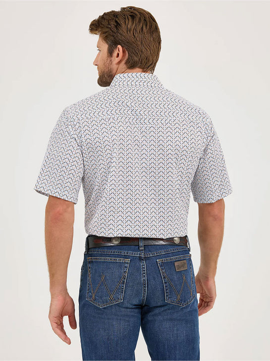 Wrangler 112359573 Mens 20X Competition Short Sleeve Western Snap Shirt Blue Chevre back view. If you need any assistance with this item or the purchase of this item please call us at five six one seven four eight eight eight zero one Monday through Saturday 10:00a.m EST to 8:00 p.m EST