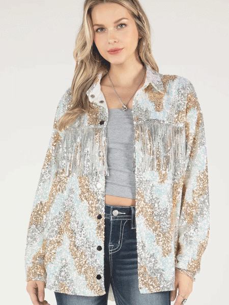 Miss Me MJ0538L Womens Long Mixed Sequined Fringe Button Up Jacket Silver Grey close up view of front. If you need any assistance with this item or the purchase of this item please call us at five six one seven four eight eight eight zero one Monday through Saturday 10:00a.m EST to 8:00 p.m EST