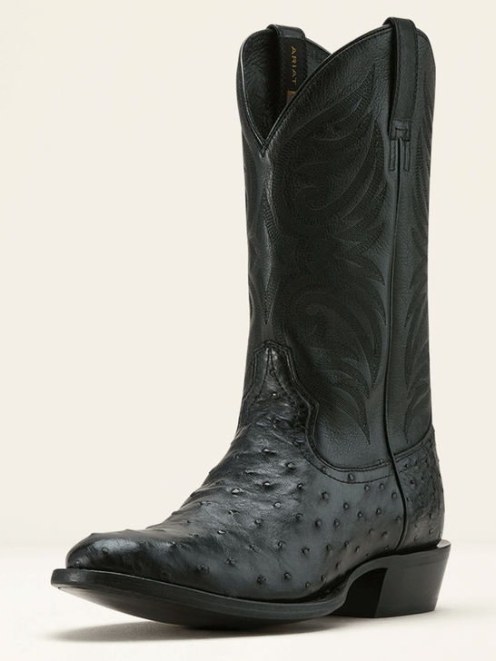 Ariat 10058160 Mens Vesper Full Quill Ostrich Cowboy Boot Black front and side view. If you need any assistance with this item or the purchase of this item please call us at five six one seven four eight eight eight zero one Monday through Saturday 10:00a.m EST to 8:00 p.m EST