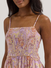 Wrangler 112364374 Womens Smocked Bodice Maxi Dress Pastel Paisley Purple front neck close up. If you need any assistance with this item or the purchase of this item please call us at five six one seven four eight eight eight zero one Monday through Saturday 10:00a.m EST to 8:00 p.m EST