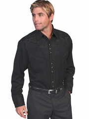 Scully P-634-JET Mens Floral Tooled Embroidered Western Shirt Jet Black front view. If you need any assistance with this item or the purchase of this item please call us at five six one seven four eight eight eight zero one Monday through Saturday 10:00a.m EST to 8:00 p.m EST
