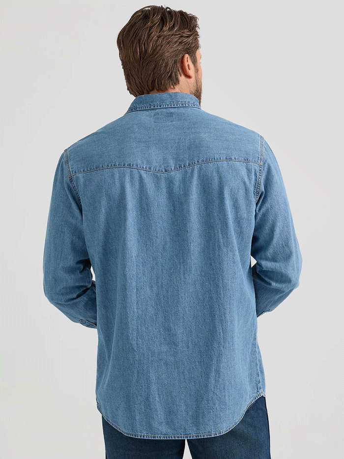 Wrangler 112361699 Mens Classic Denim Western Snap Shirt Light Wash front view. If you need any assistance with this item or the purchase of this item please call us at five six one seven four eight eight eight zero one Monday through Saturday 10:00a.m EST to 8:00 p.m EST