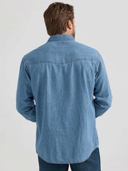 Wrangler 112361699 Mens Classic Denim Western Snap Shirt Light Wash back view. If you need any assistance with this item or the purchase of this item please call us at five six one seven four eight eight eight zero one Monday through Saturday 10:00a.m EST to 8:00 p.m EST