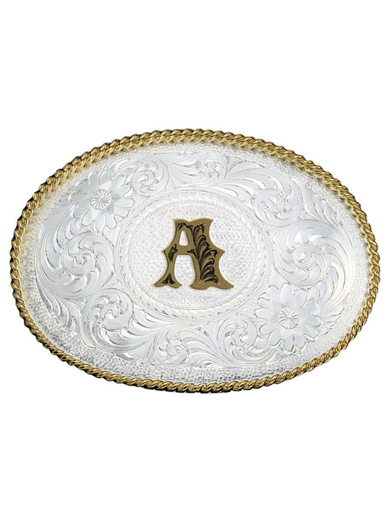 Montana Silversmiths 700 Initial Silver Engraved Gold Trim Western Belt Buckle letter A  front view. If you need any assistance with this item or the purchase of this item please call us at five six one seven four eight eight eight zero one Monday through Saturday 10:00a.m EST to 8:00 p.m EST