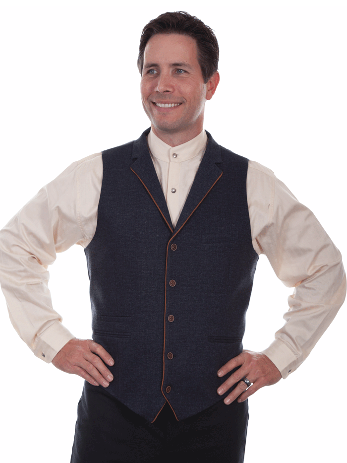 Scully RW313-BLU Mens Solid Four Pocket Western Vest Navy Blue front view. If you need any assistance with this item or the purchase of this item please call us at five six one seven four eight eight eight zero one Monday through Saturday 10:00a.m EST to 8:00 p.m EST