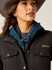 Ariat 10046445 Womens Berber Back Softshell Jacket Black front close up view. If you need any assistance with this item or the purchase of this item please call us at five six one seven four eight eight eight zero one Monday through Saturday 10:00a.m EST to 8:00 p.m EST