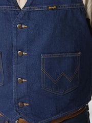 Wrangler 74130PW Mens Unlined Denim Western Vest Prewashed front close up. If you need any assistance with this item or the purchase of this item please call us at five six one seven four eight eight eight zero one Monday through Saturday 10:00a.m EST to 8:00 p.m EST