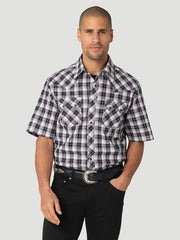 Wrangler 112324673 Mens Retro Short Sleeve Plaid Shirt Black White front view. If you need any assistance with this item or the purchase of this item please call us at five six one seven four eight eight eight zero one Monday through Saturday 10:00a.m EST to 8:00 p.m EST