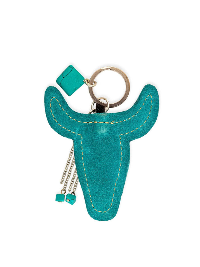 Myra Bag S-9233 Buffalo Head Hair On Hide Key Fob Turquoise front view. If you need any assistance with this item or the purchase of this item please call us at five six one seven four eight eight eight zero one Monday through Saturday 10:00a.m EST to 8:00 p.m EST