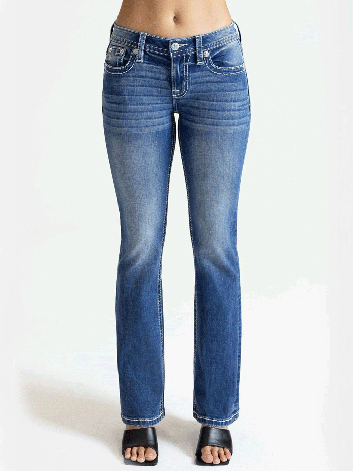 Miss Me M9368BV Womens Mid Rise Boot Jean Medium Blue back pocket close up. If you need any assistance with this item or the purchase of this item please call us at five six one seven four eight eight eight zero one Monday through Saturday 10:00a.m EST to 8:00 p.m EST

