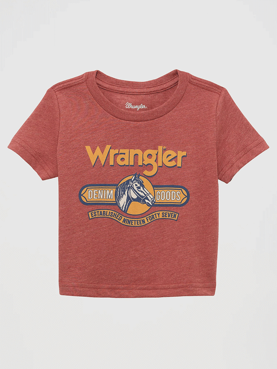 Wrangler 112361878 Infants Short Sleeve Graphic T-Shirt Rust front view. If you need any assistance with this item or the purchase of this item please call us at five six one seven four eight eight eight zero one Monday through Saturday 10:00a.m EST to 8:00 p.m EST