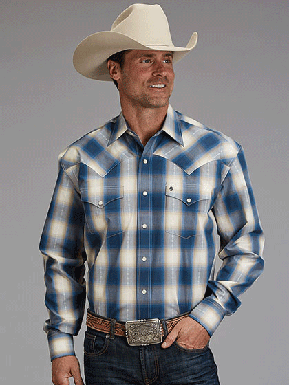 Stetson 11-001-0478-2040 Mens Dobby Plaid Western Shirt Blue front view. If you need any assistance with this item or the purchase of this item please call us at five six one seven four eight eight eight zero one Monday through Saturday 10:00a.m EST to 8:00 p.m EST