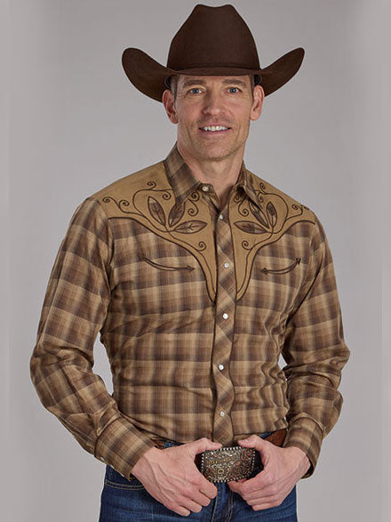 Roper 01-001-0024-1071 Mens Long Sleeve Plaid Western Shirt Brown Tan front view. If you need any assistance with this item or the purchase of this item please call us at five six one seven four eight eight eight zero one Monday through Saturday 10:00a.m EST to 8:00 p.m EST