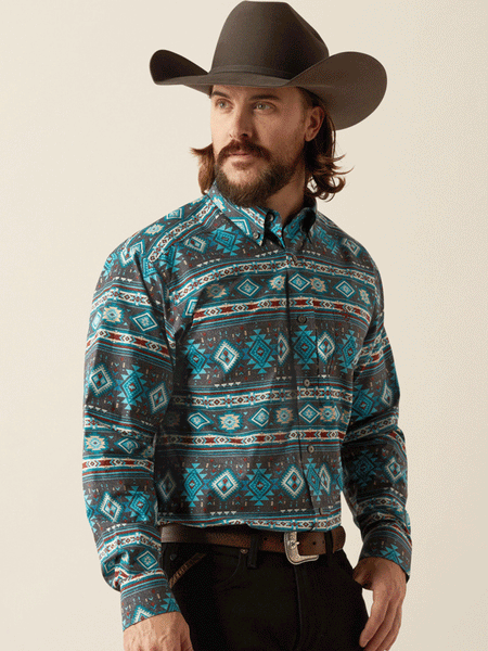 Ariat 10053868 Mens Prestcot Classic Fit Shirt Teal front. If you need any assistance with this item or the purchase of this item please call us at five six one seven four eight eight eight zero one Monday through Saturday 10:00a.m EST to 8:00 p.m EST