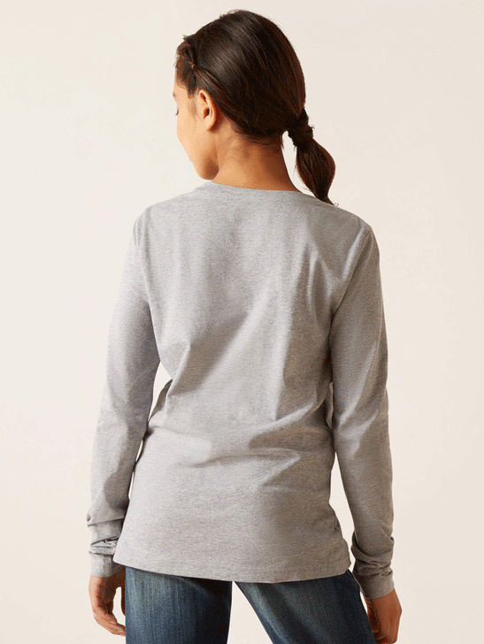 Ariat 10047411 Kids Fawna Long Sleeve T-Shirt Heather Grey back view. If you need any assistance with this item or the purchase of this item please call us at five six one seven four eight eight eight zero one Monday through Saturday 10:00a.m EST to 8:00 p.m EST
