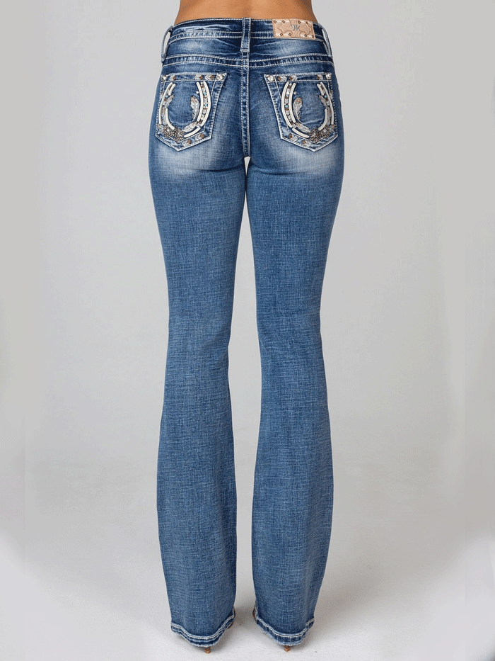 Miss Me M9198B Womens Horseshoe Mid Rise Boot Jean Dark Blue back view. If you need any assistance with this item or the purchase of this item please call us at five six one seven four eight eight eight zero one Monday through Saturday 10:00a.m EST to 8:00 p.m EST