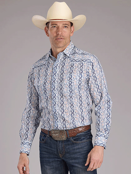 Roper 01-001-0019-0355 Mens Paisley Trellis Print Western Shirt Blue front view. If you need any assistance with this item or the purchase of this item please call us at five six one seven four eight eight eight zero one Monday through Saturday 10:00a.m EST to 8:00 p.m EST