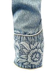 Rockmount 6859-DBLU Men's Vintage Tooling Embroidered Western Shirt Denim Blue cuff close up. If you need any assistance with this item or the purchase of this item please call us at five six one seven four eight eight eight zero one Monday through Saturday 10:00a.m EST to 8:00 p.m EST