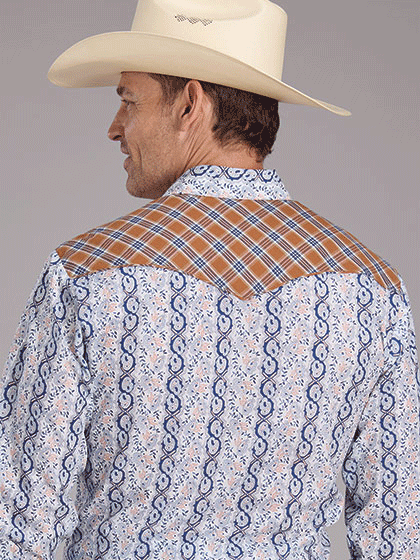 Roper 01-001-0087-0355 Mens Wallpaper Stripe Print Long Sleeve Western Shirt Blue back view. If you need any assistance with this item or the purchase of this item please call us at five six one seven four eight eight eight zero one Monday through Saturday 10:00a.m EST to 8:00 p.m EST