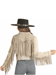 Panhandle DW92C02000 Womens Micro Suede Jacket With Fringe Natural back view. If you need any assistance with this item or the purchase of this item please call us at five six one seven four eight eight eight zero one Monday through Saturday 10:00a.m EST to 8:00 p.m EST