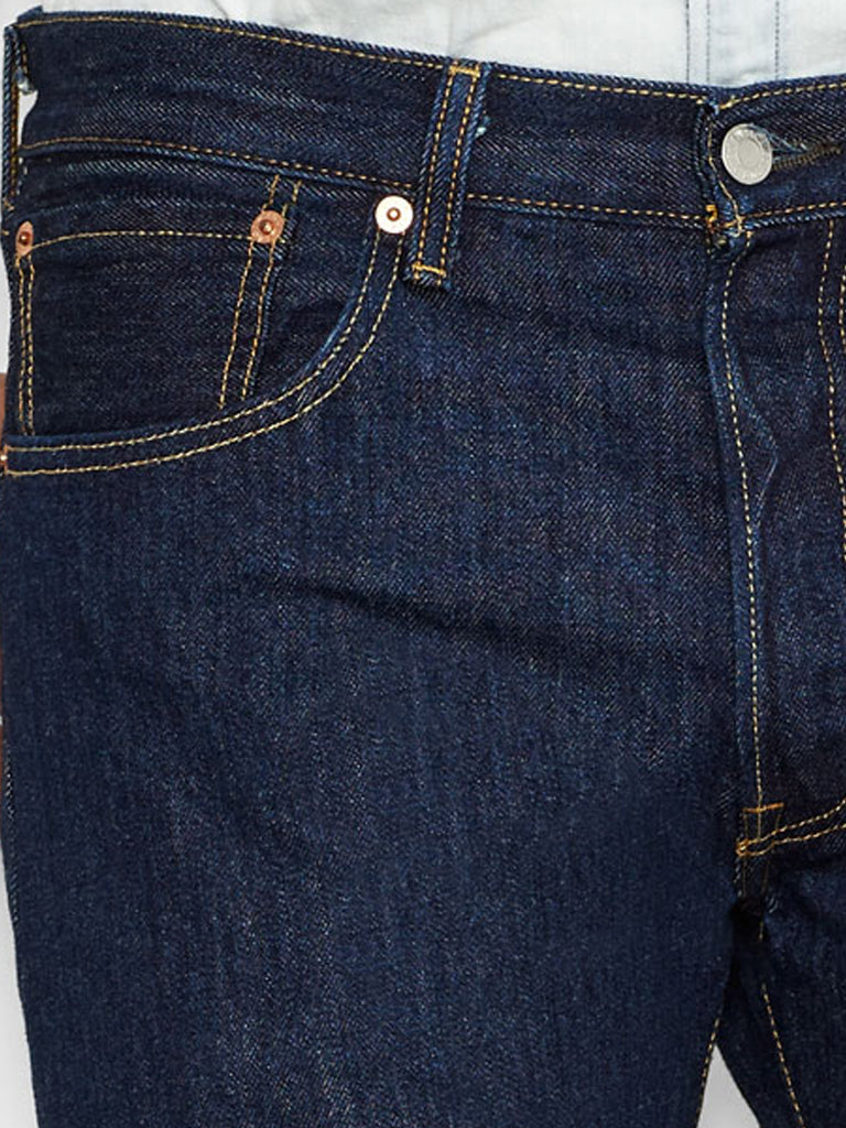 Levi’s 005010115 Mens 501 Original Fit Jeans Rinse Dark Wash front view. If you need any assistance with this item or the purchase of this item please call us at five six one seven four eight eight eight zero one Monday through Saturday 10:00a.m EST to 8:00 p.m EST