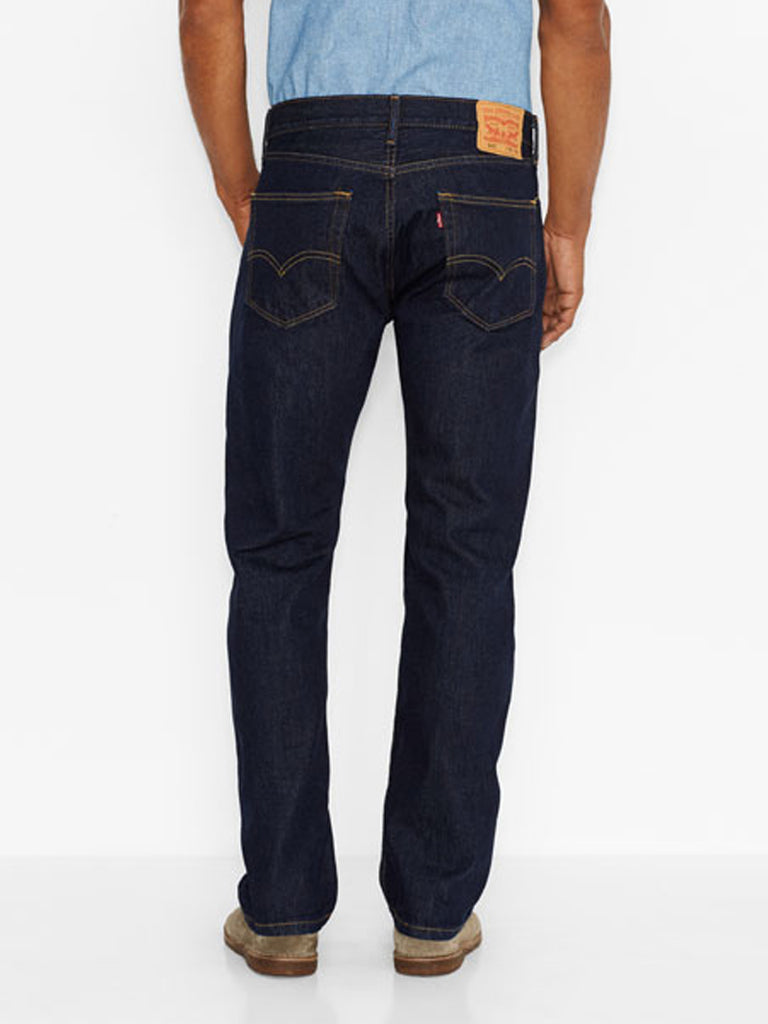 Levi’s 005050216 Mens 505 Regular Fit Jeans Rinse Dark Wash front view. If you need any assistance with this item or the purchase of this item please call us at five six one seven four eight eight eight zero one Monday through Saturday 10:00a.m EST to 8:00 p.m EST