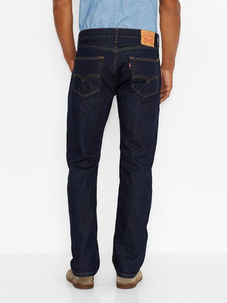 Levi’s 005050216 Mens 505 Regular Fit Jeans Rinse Dark Wash back view. If you need any assistance with this item or the purchase of this item please call us at five six one seven four eight eight eight zero one Monday through Saturday 10:00a.m EST to 8:00 p.m EST