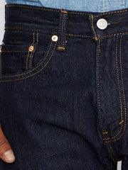 Levi’s 005050216 Mens 505 Regular Fit Jeans Rinse Dark Wash front pocket close up. If you need any assistance with this item or the purchase of this item please call us at five six one seven four eight eight eight zero one Monday through Saturday 10:00a.m EST to 8:00 p.m EST