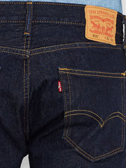 Levi’s 005050216 Mens 505 Regular Fit Jeans Rinse Dark Wash back pocket close up. If you need any assistance with this item or the purchase of this item please call us at five six one seven four eight eight eight zero one Monday through Saturday 10:00a.m EST to 8:00 p.m EST