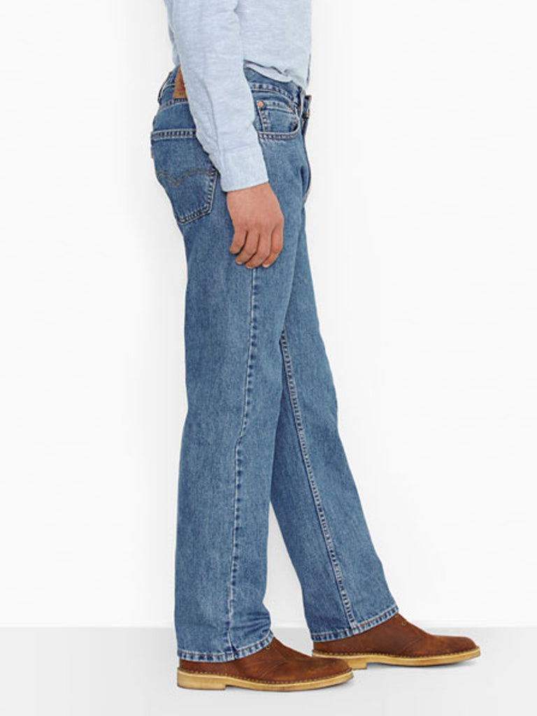 Levi’s 005054891 Mens 505 Regular Fit Jeans Medium Stonewash front view. If you need any assistance with this item or the purchase of this item please call us at five six one seven four eight eight eight zero one Monday through Saturday 10:00a.m EST to 8:00 p.m EST